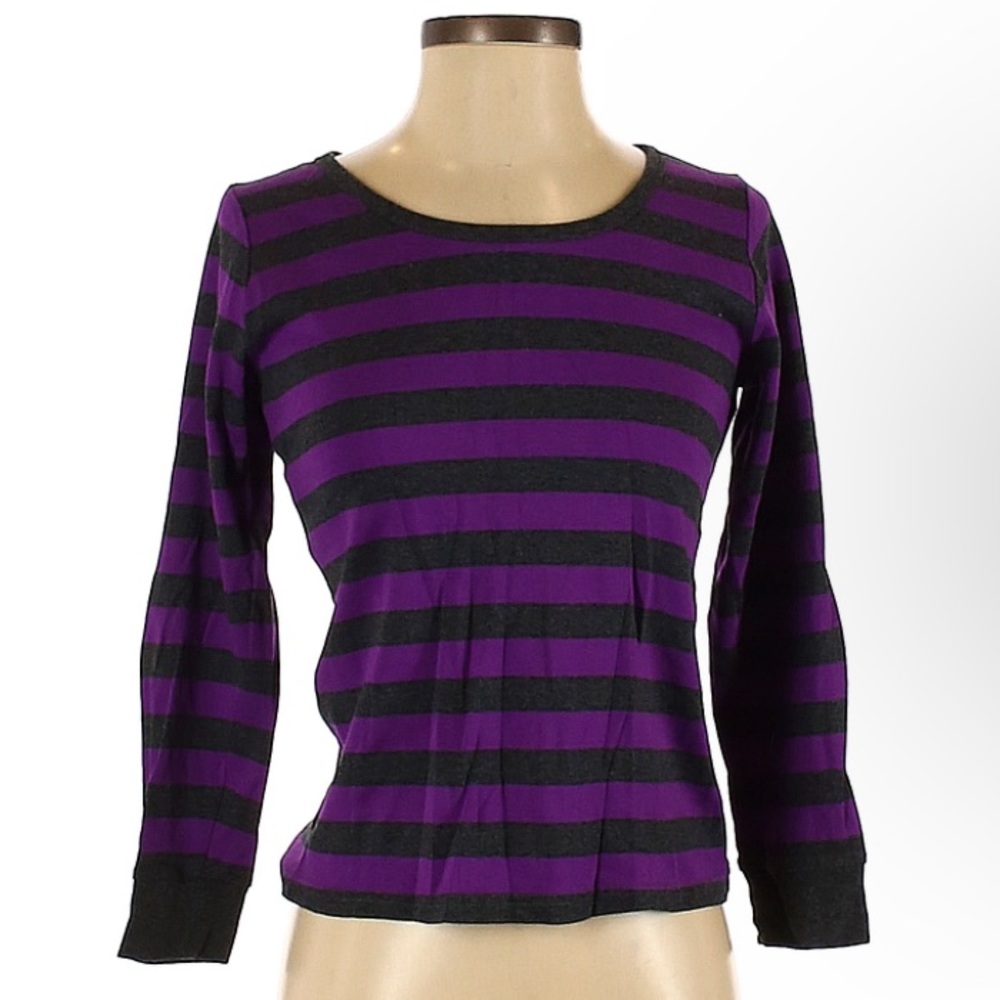 Leveret Women's Size XL Purple Charcoal Stripe Round Neck Long Sleeve Blouse New